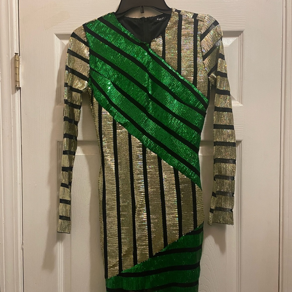 Green and Gold Striped Sequin Dress